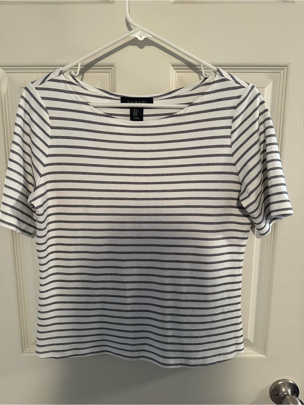 Tahari White and Black Striped Short Sleeve Tee - Crew Neck